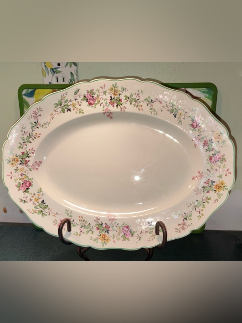 Vintage Floral Scalloped Porcelain Serving Platter with Pink & Yellow Blossoms